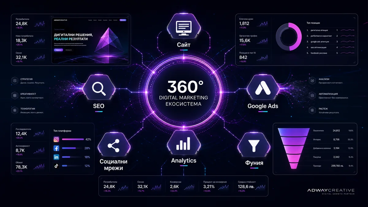 360° дигитална стратегия за свързване на реклама, сайт, SEO и analytics от AdwayCreative