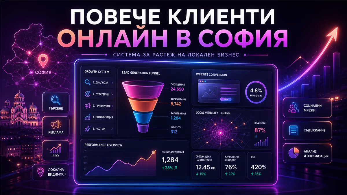 Визуална концепция за привличане на повече клиенти онлайн чрез дигитален маркетинг, реклама, SEO и система за растеж от AdwayCreative.