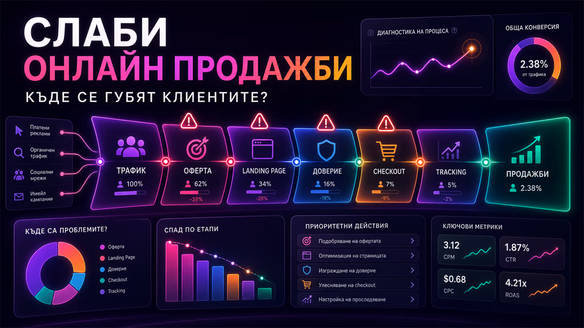 Диагностика на слаби онлайн продажби чрез анализ на трафик, оферта, landing page, доверие, checkout и tracking от AdwayCreative.