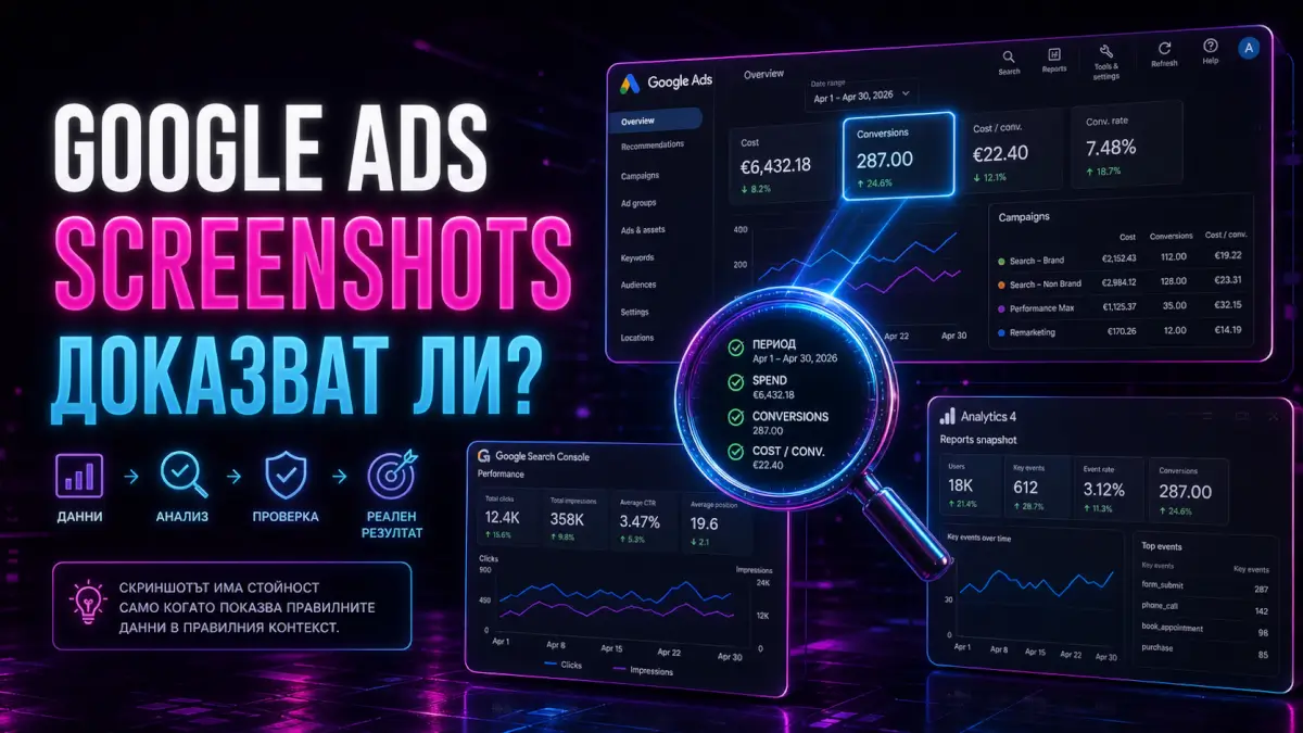 Google Ads screenshots: какво доказват и какво не доказват? 1 Google Ads screenshots анализ с conversions, spend и cost per conversion от AdwayCreative