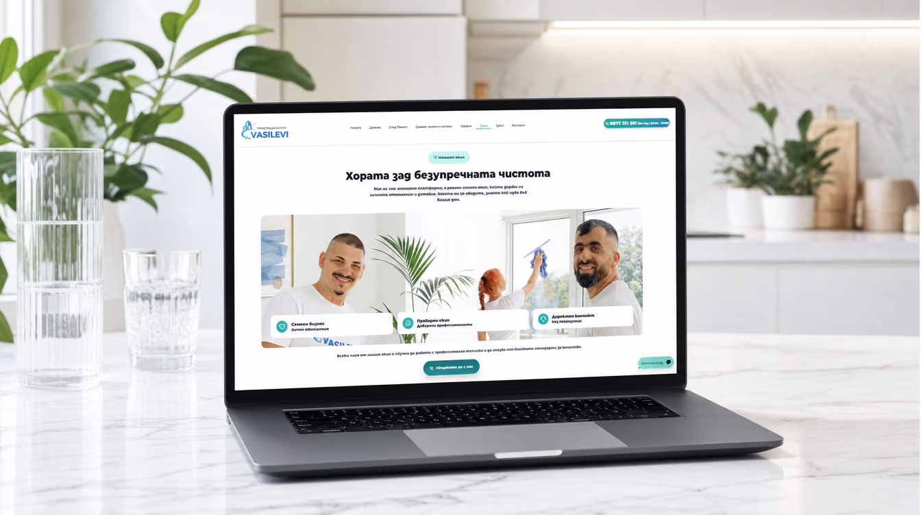 Vasilevi Clean реален екип, услуги и conversion структура Vasilevi Clean website redesign mockup с реален екип, услуги и conversion структура