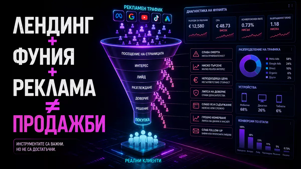 Лендинг страница и реклама във фуния, която губи клиенти заради слаба оферта и липса на доверие