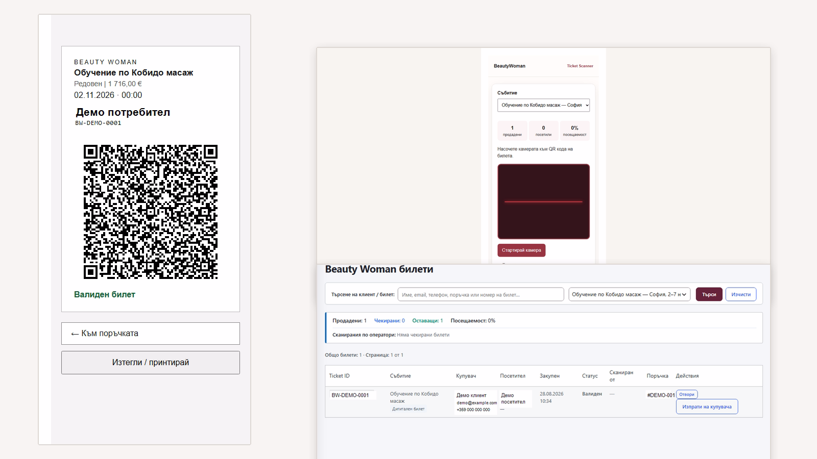 BeautyWoman.bg система за дигитални билети, QR check-in и статистика за посещаемост